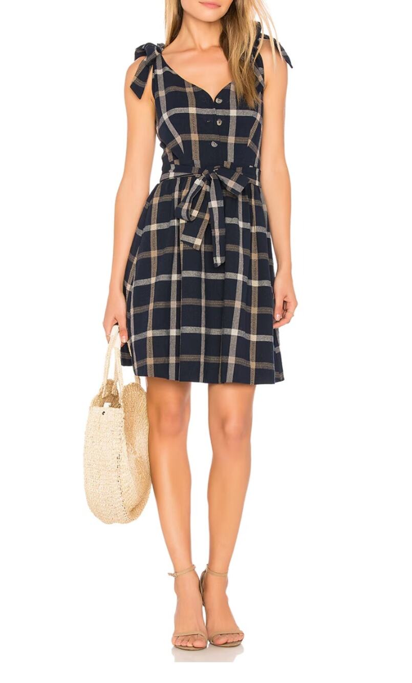 Revolve J.O.A. Tie Shoulder Plaid Mini Dress Navy Blue Preppy casual retail $95